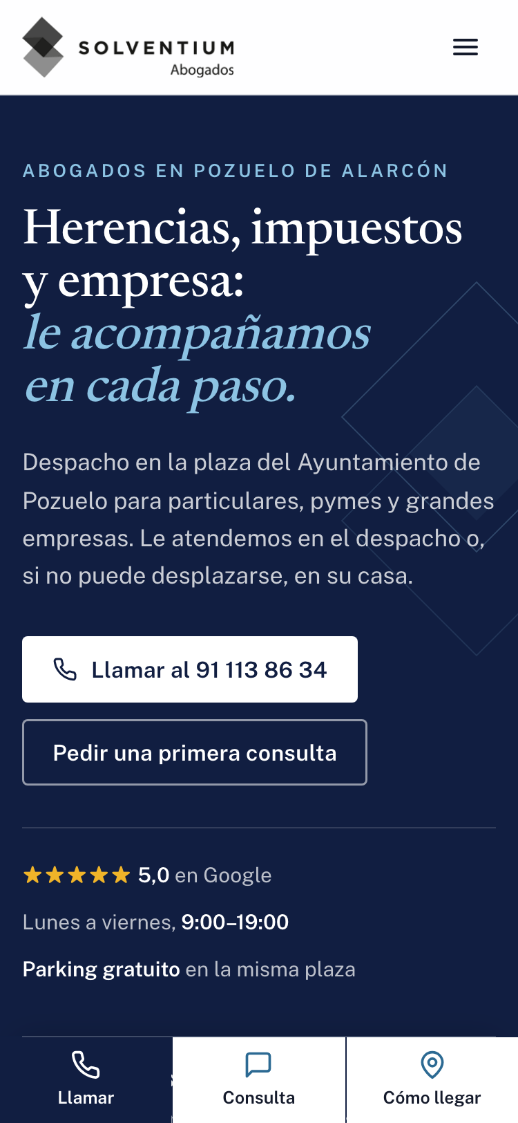 Captura de la web nueva de Solventium Abogados en un móvil