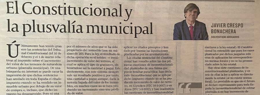 Recorte de Cinco Días: «El Constitucional y la plusvalía municipal», por Javier Crespo Bonachera